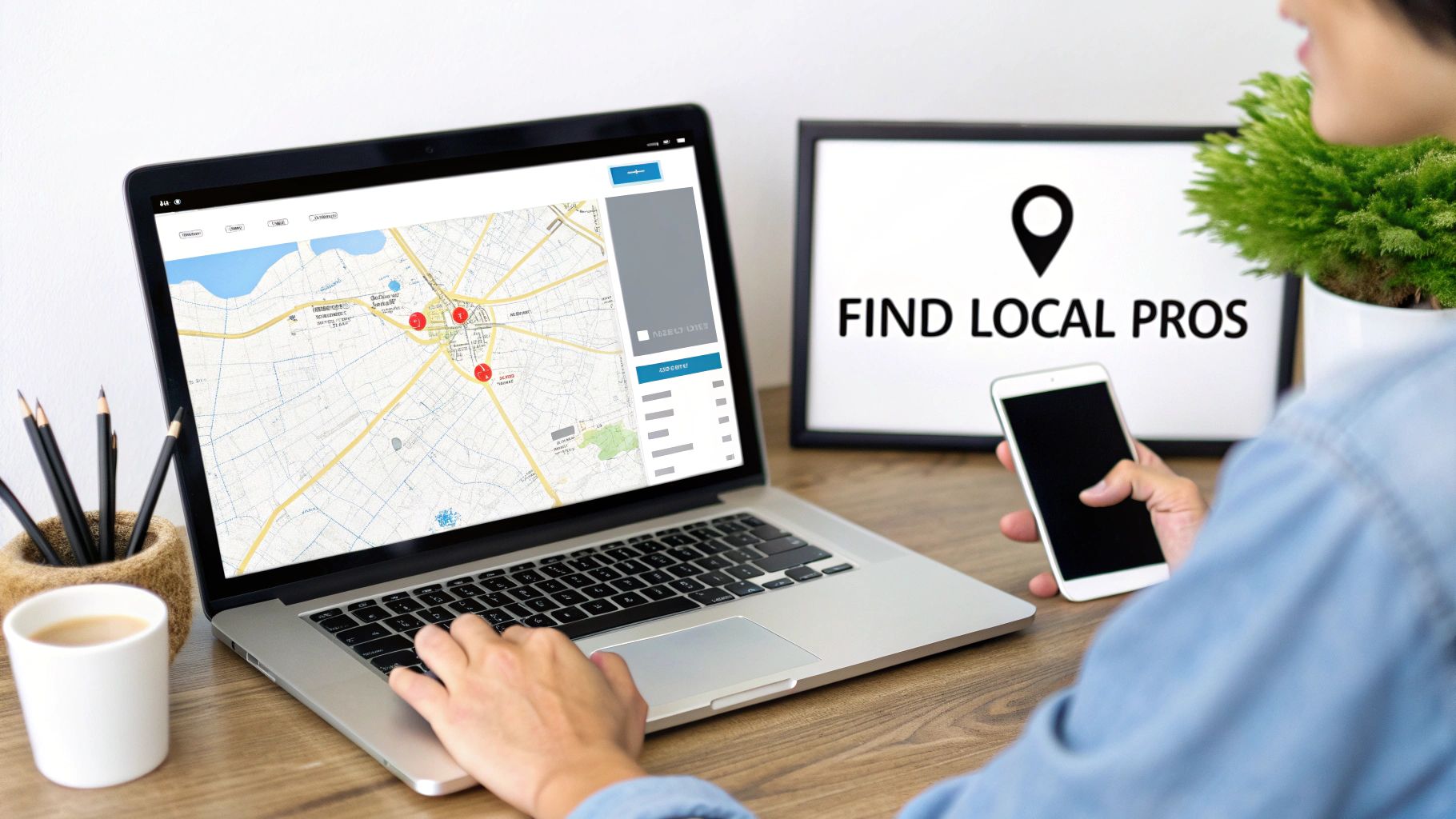Person using a laptop with a map app showing local pros, holding a smartphone next to a 'FIND LOCAL PROS' sign.