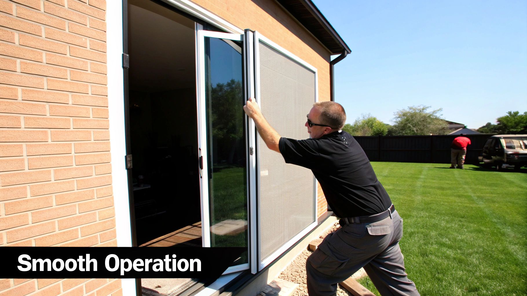 A close-up shot of a person using a screwdriver to adjust the rollers on a sliding screen door.