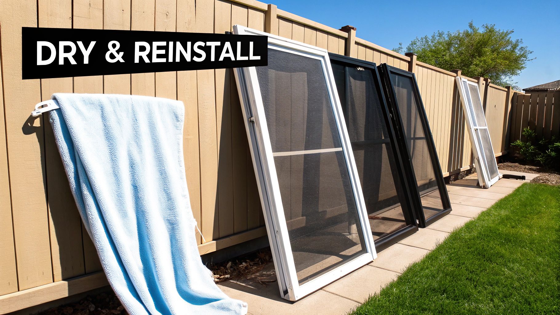 A person reinstalling a clean window screen into a window frame