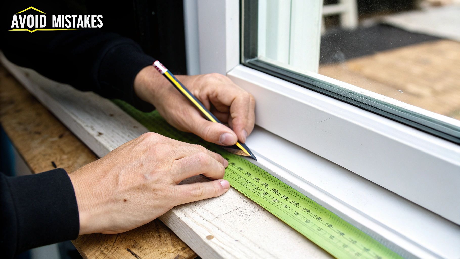 A measuring tape positioned inside a window's screen channel to demonstrate how to measure for a new screen.