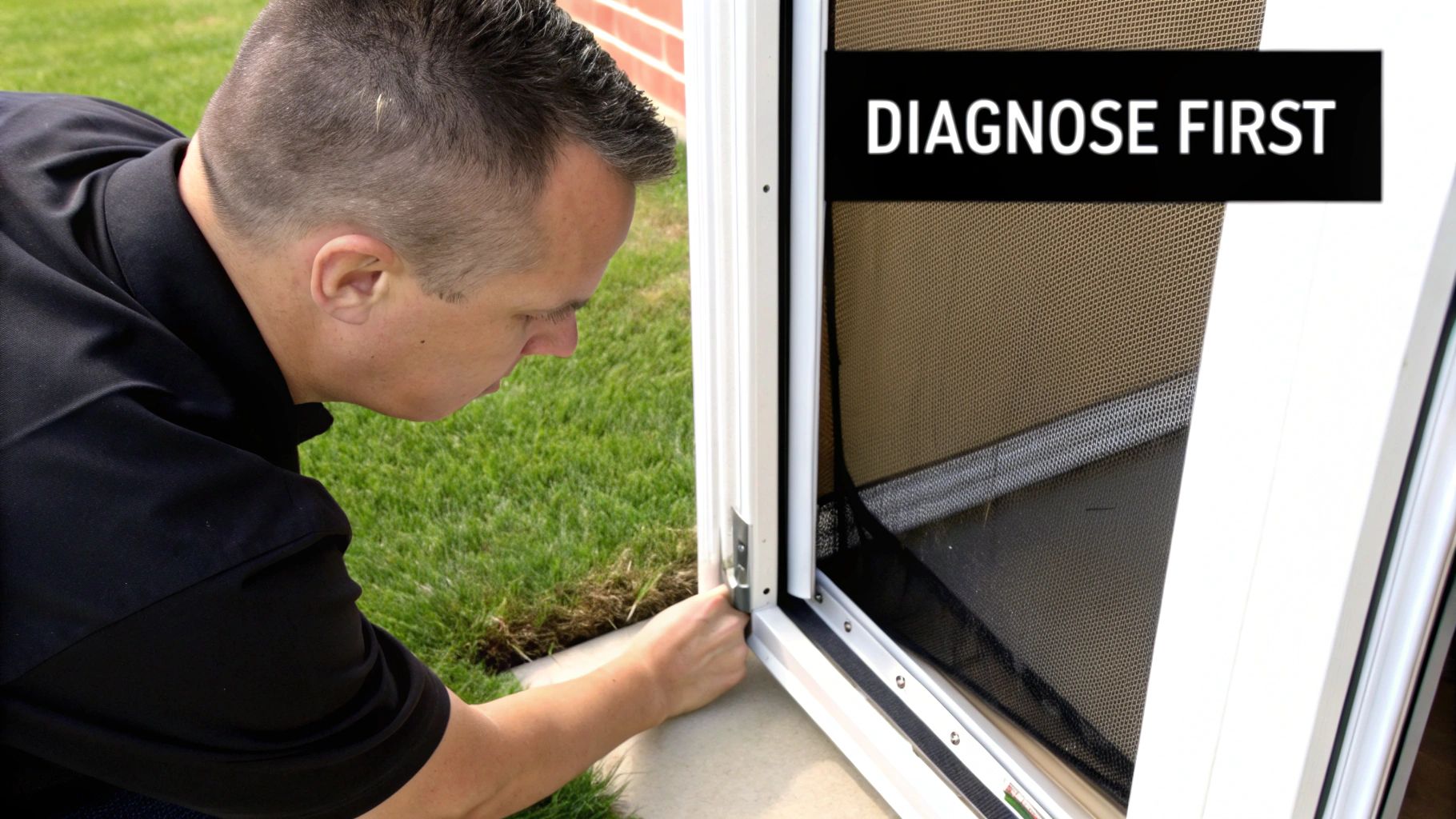 A person kneels, carefully inspecting the bottom hinge and frame of a white screen door.
