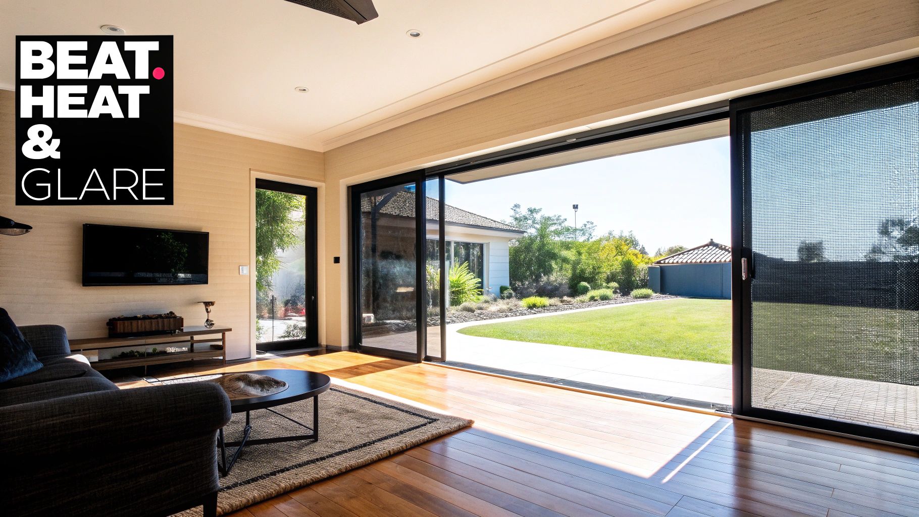 A modern home with dark solar screens installed on the windows, showing a clear view from the inside looking out.