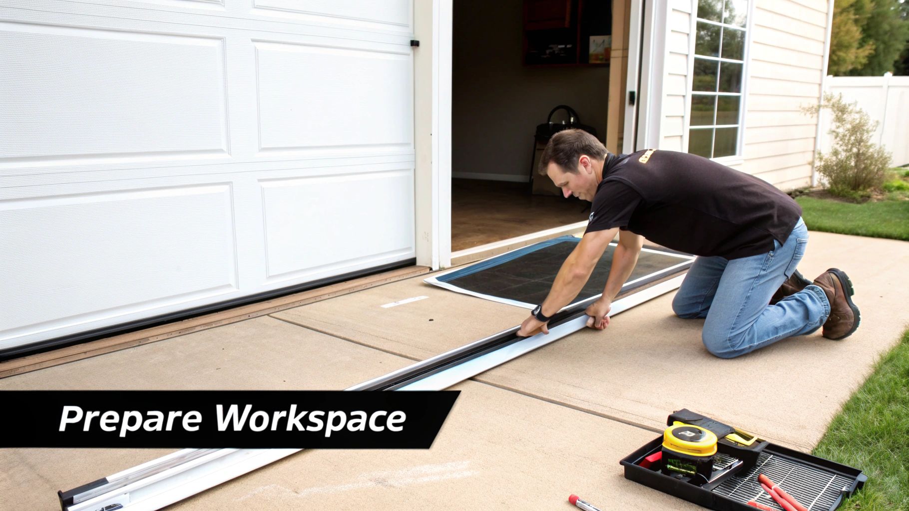 A man kneels on a concrete patio, preparing a screen door frame for repair next to a garage.