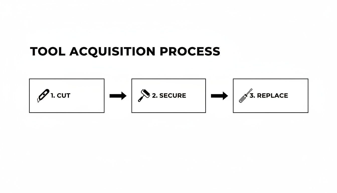 A diagram illustrating the 'Tool Acquisition Process' with three steps: 1. Cut (utility knife), 2. Secure (roller), and 3. Replace (screwdriver).