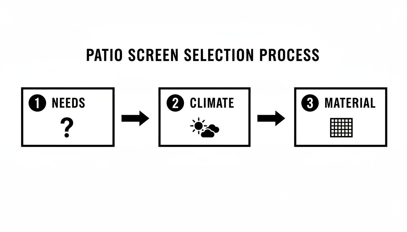 Flowchart illustrating the three-step patio screen selection process: Needs, Climate, and Material.