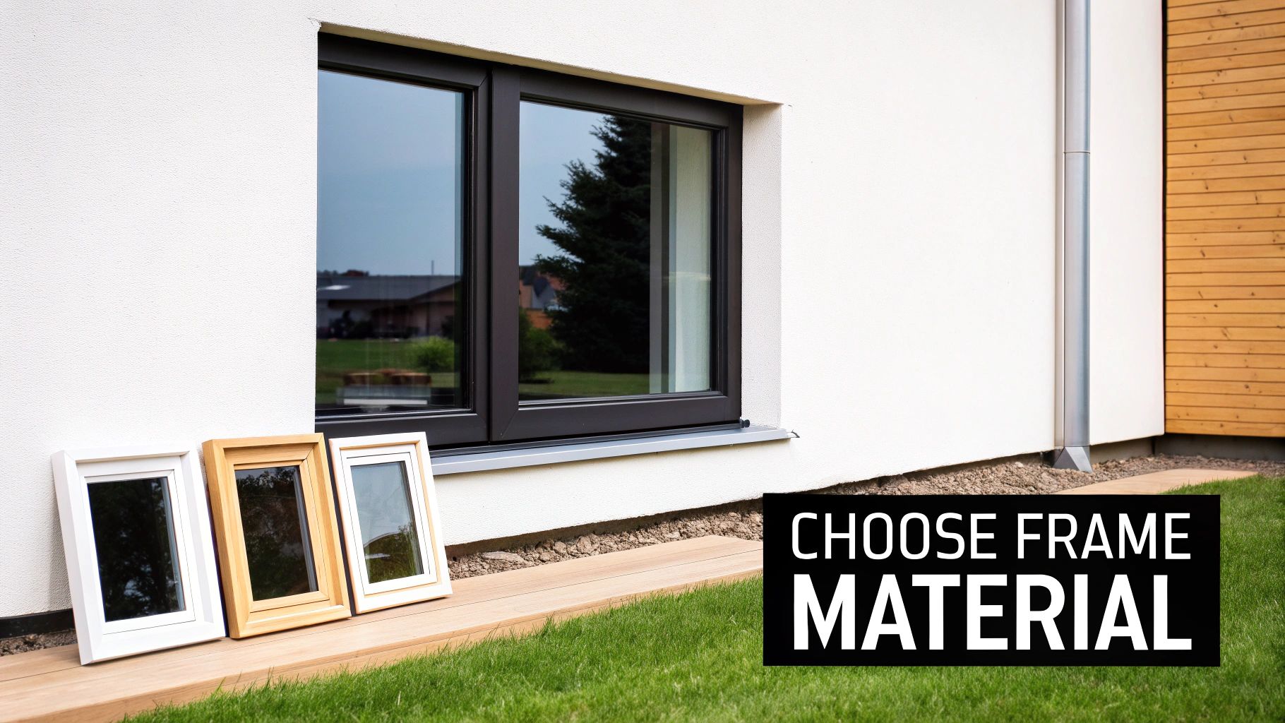 Three window frame material samples (white, light wood) on a deck, with a large house window.