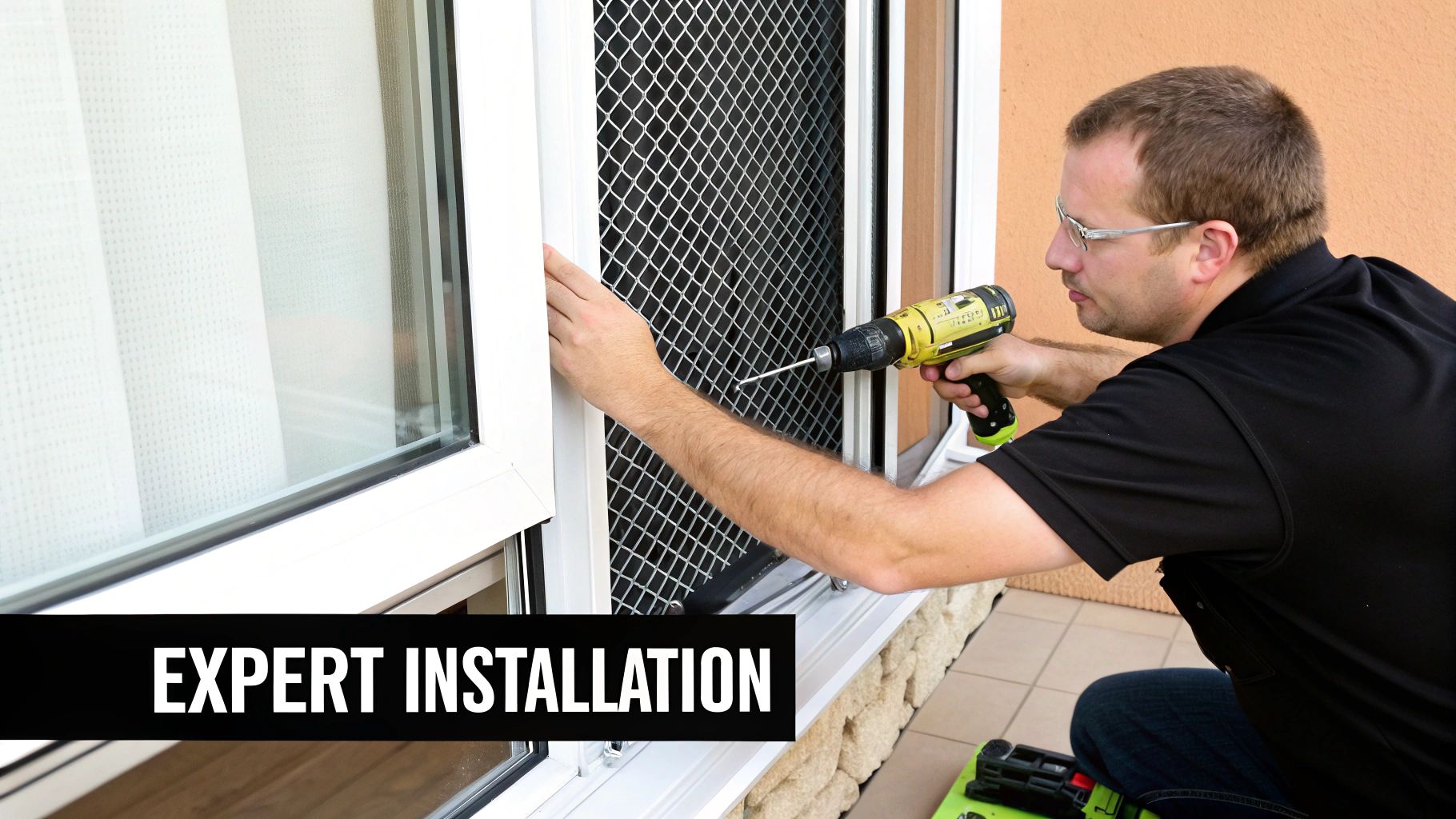 An expert technician uses a power drill to install a metal security screen on a house window.