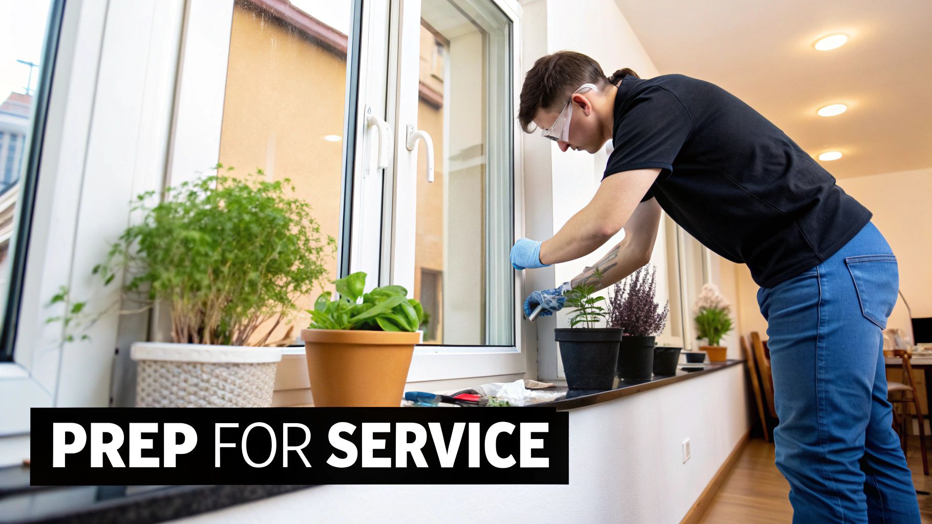 Person in safety glasses and gloves cleaning a window sill next to potted plants.