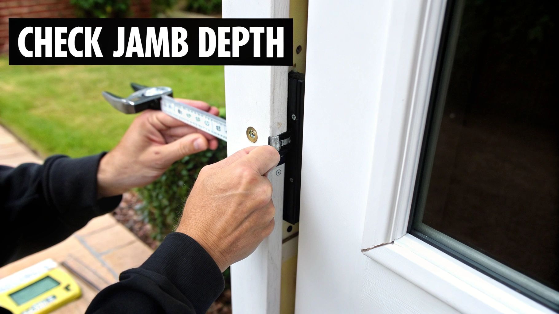 A close-up shot of a tape measure being used to measure the depth of a white door jamb.