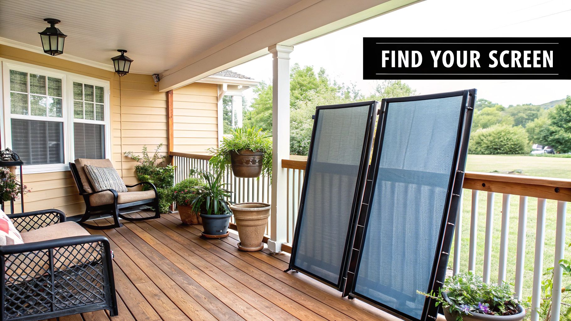 A modern screened-in porch with comfortable seating, overlooking a green backyard.