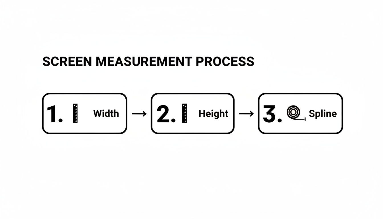 Diagram showing the screen measurement process steps: 1. Width, 2. Height, and 3. Spline.
