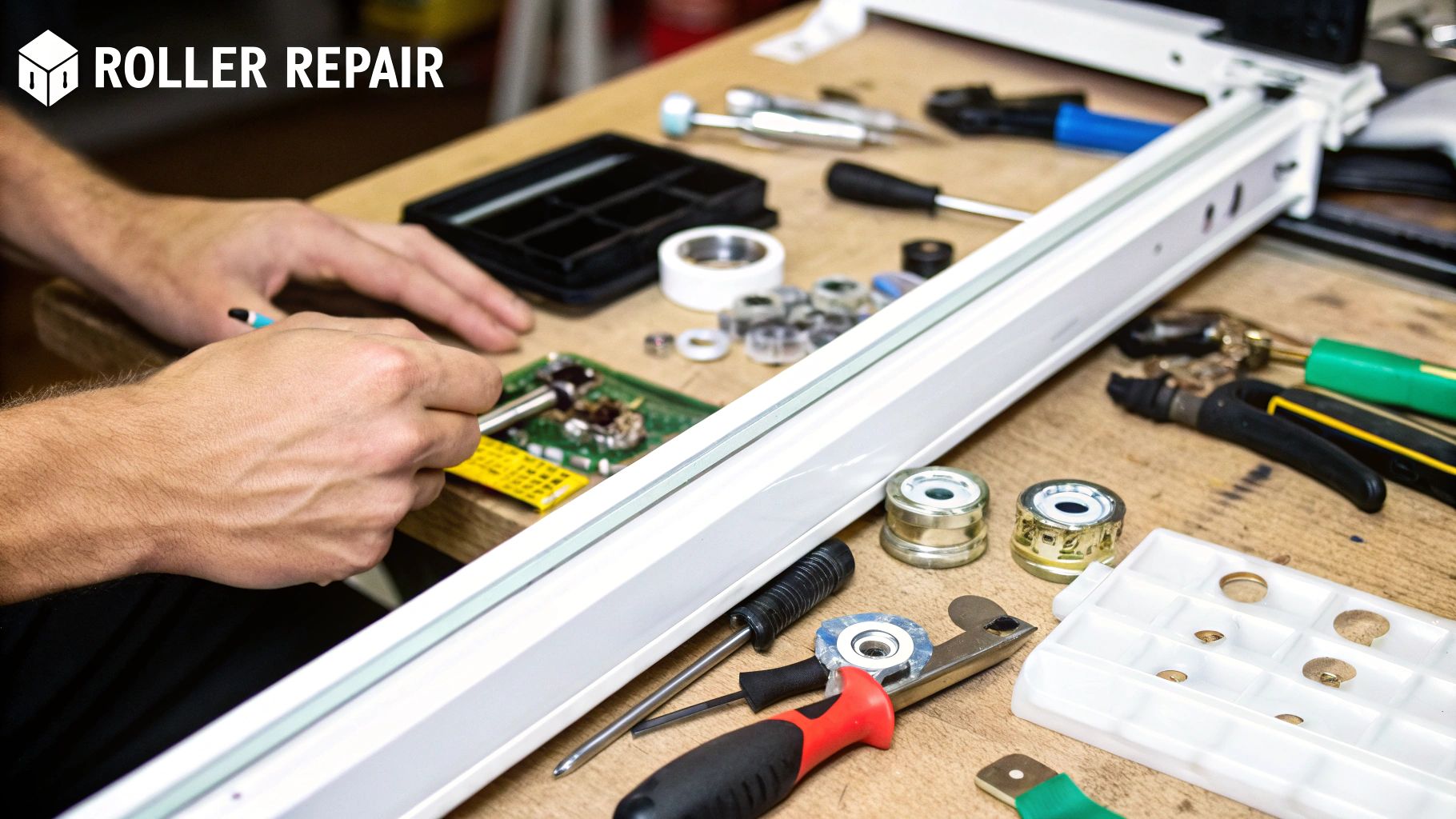 A close-up of a patio screen door handle and latch mechanism.