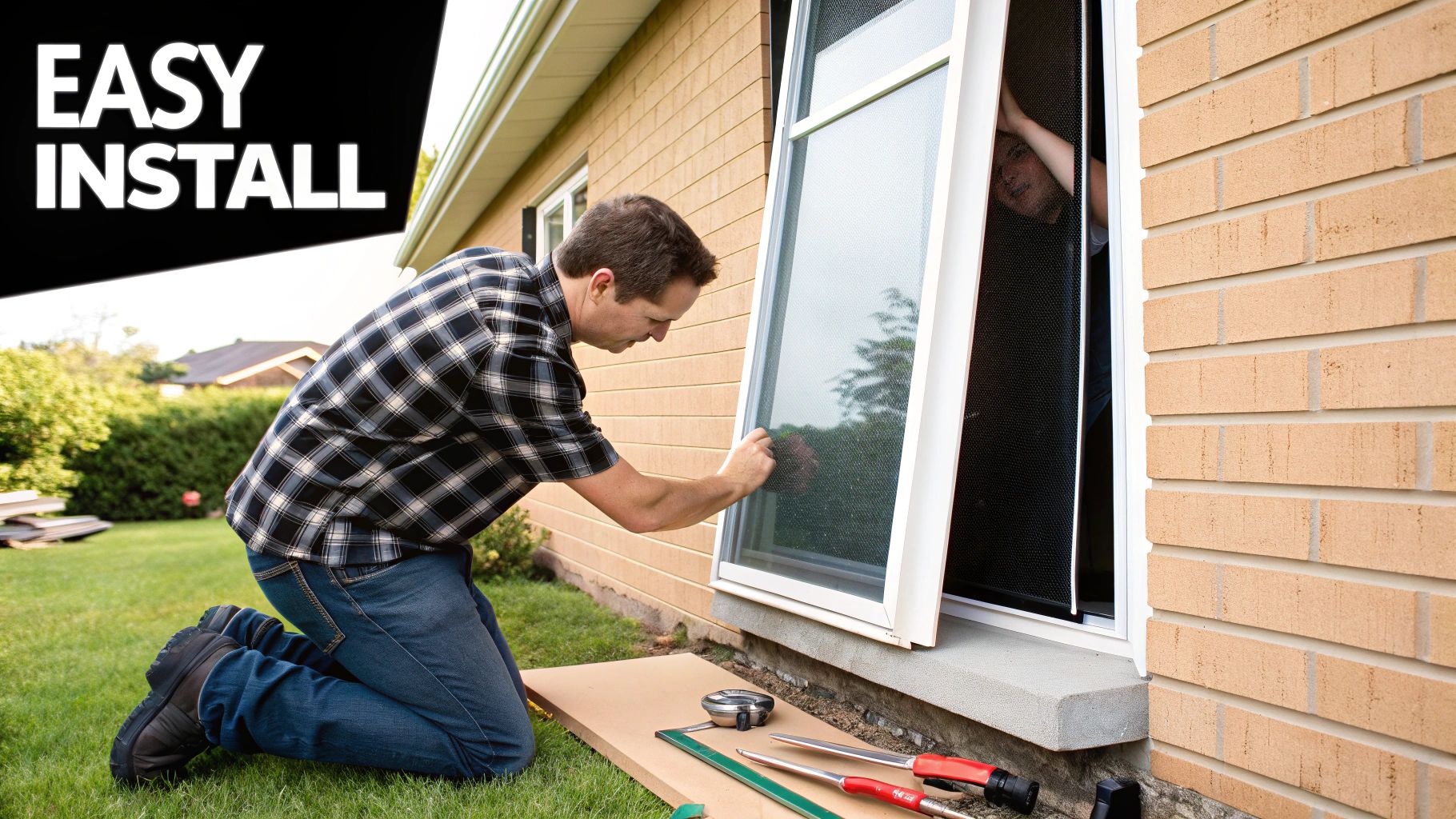 A person gently cleaning a window screen with a soft brush and soapy water