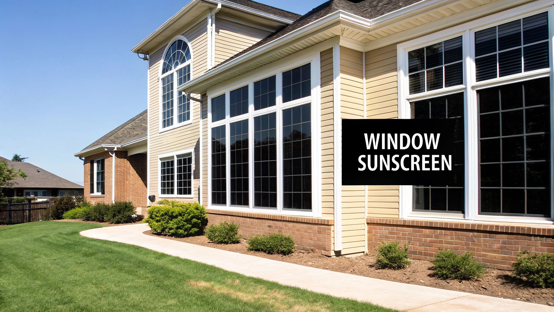 Exterior of a large house featuring numerous windows, some with dark window sunscreens installed.