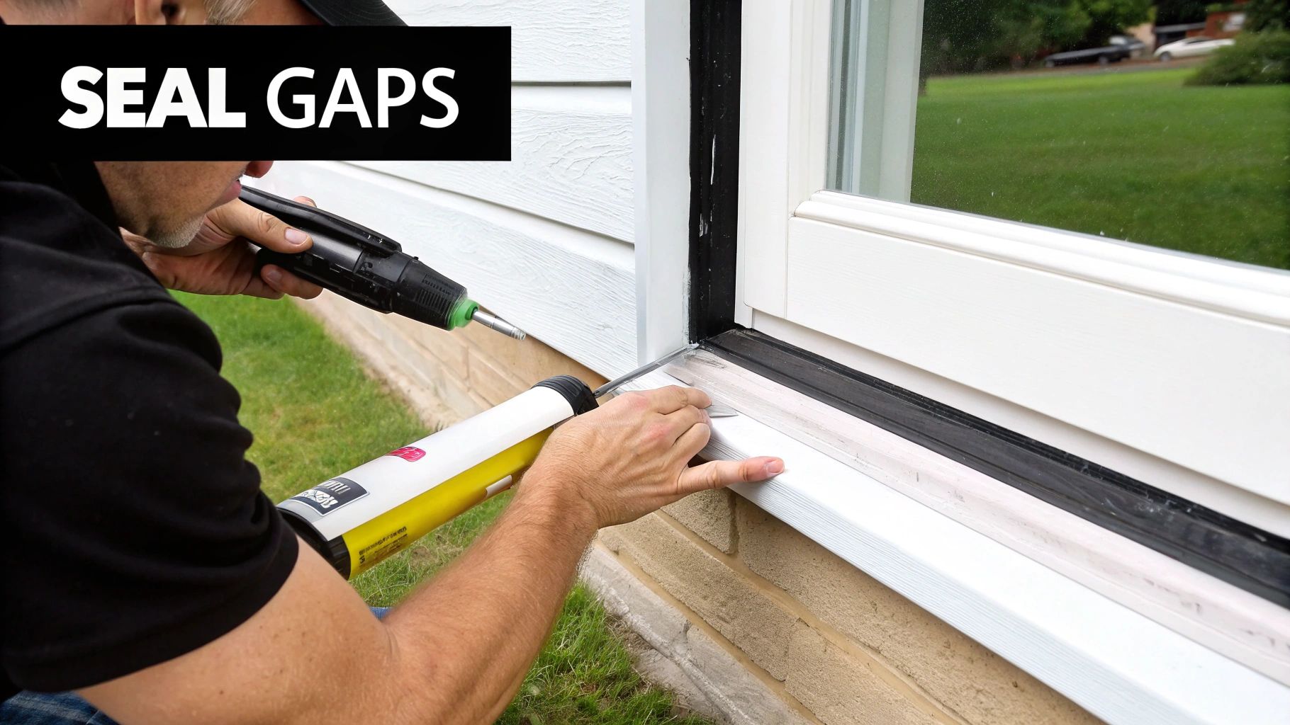 Person using a caulking gun to seal gaps around a white window frame on a house.