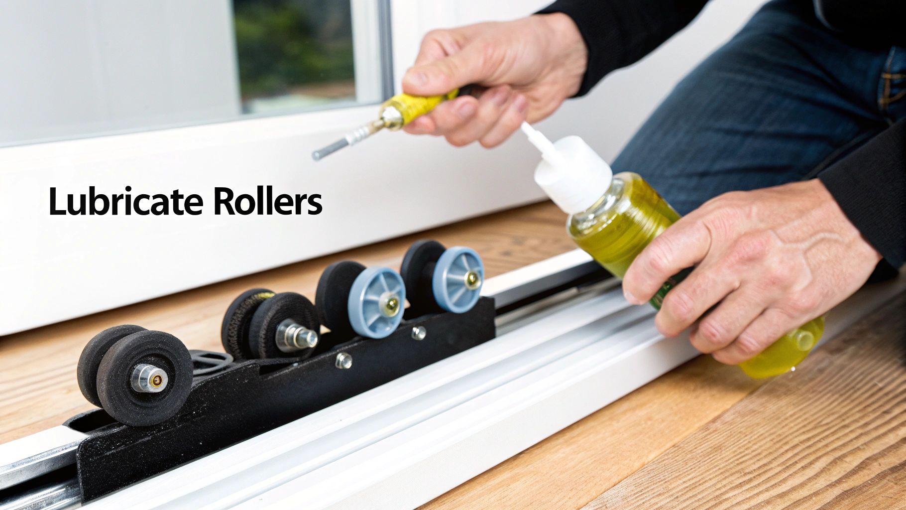 A person using a vacuum cleaner with a crevice tool to clean the track of a sliding patio door.