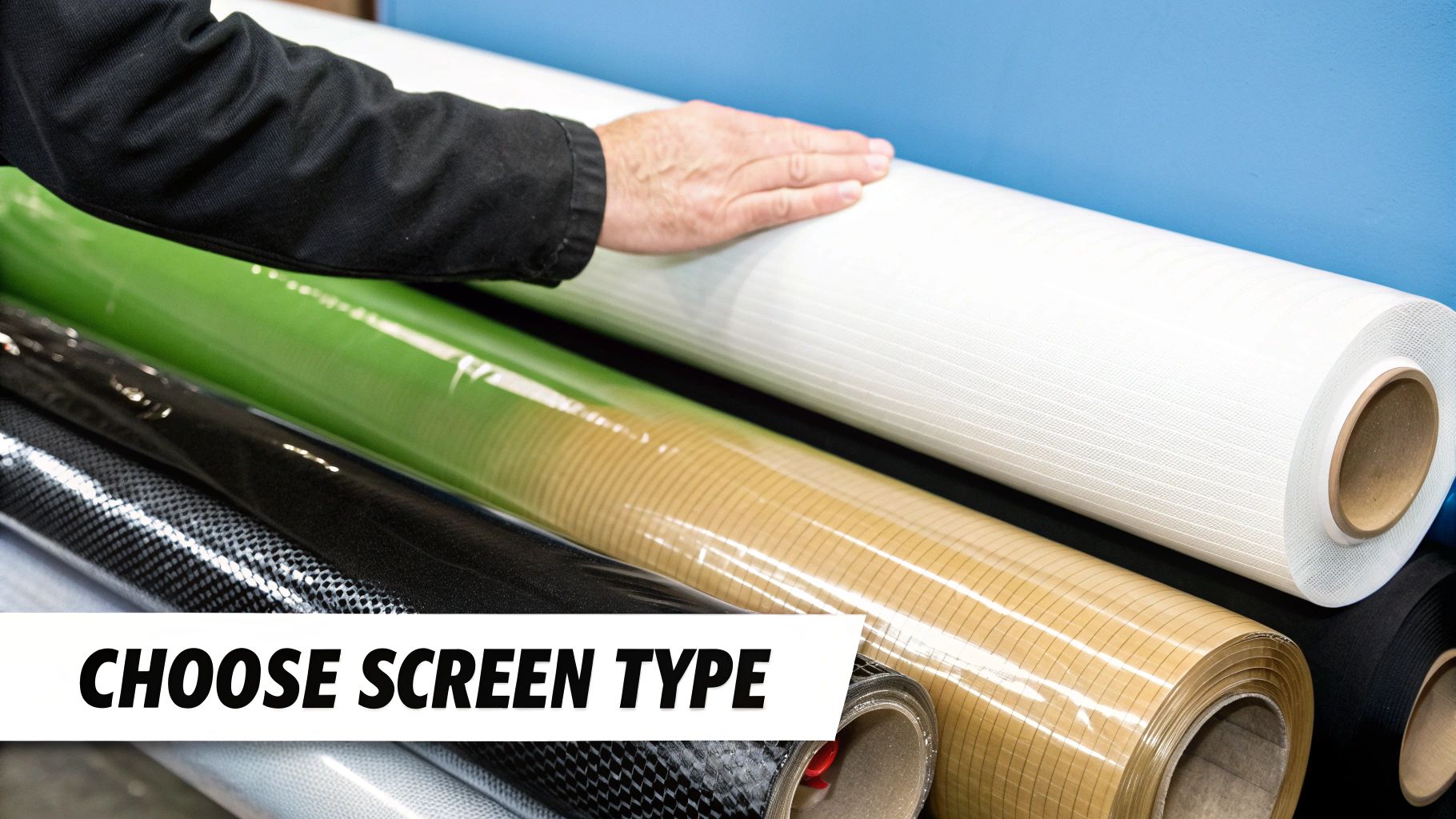 A homeowner inspecting different types of screen material samples.