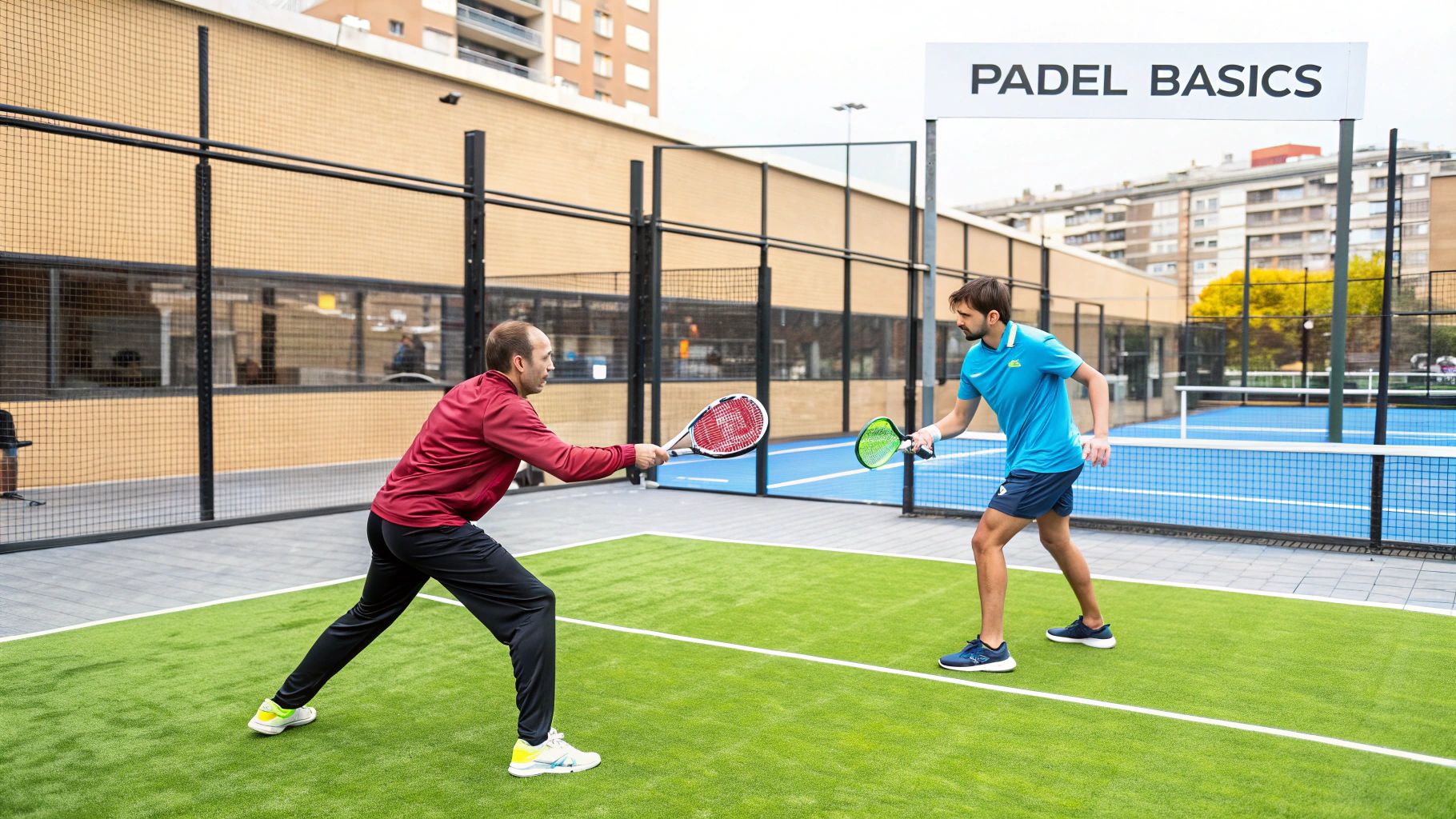 Two male padel players in action on an outdoor court, one hitting the ball and the other watching.
