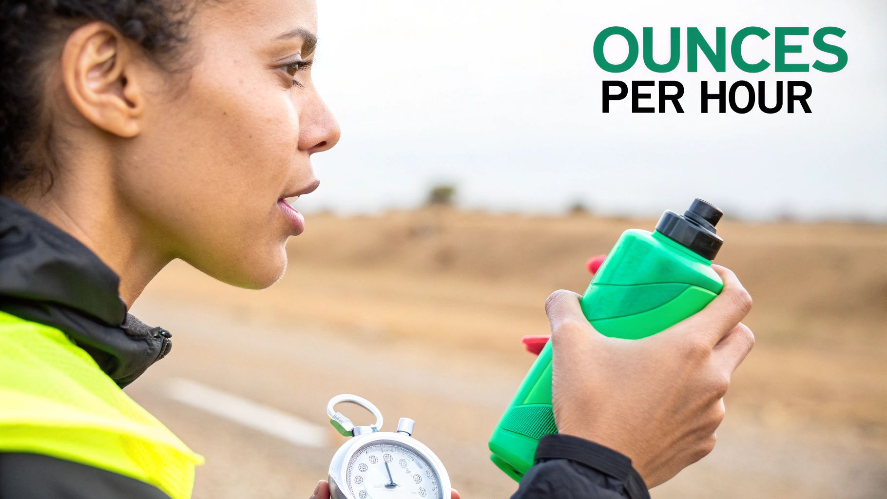Runner drinking from a handheld water bottle on a trail