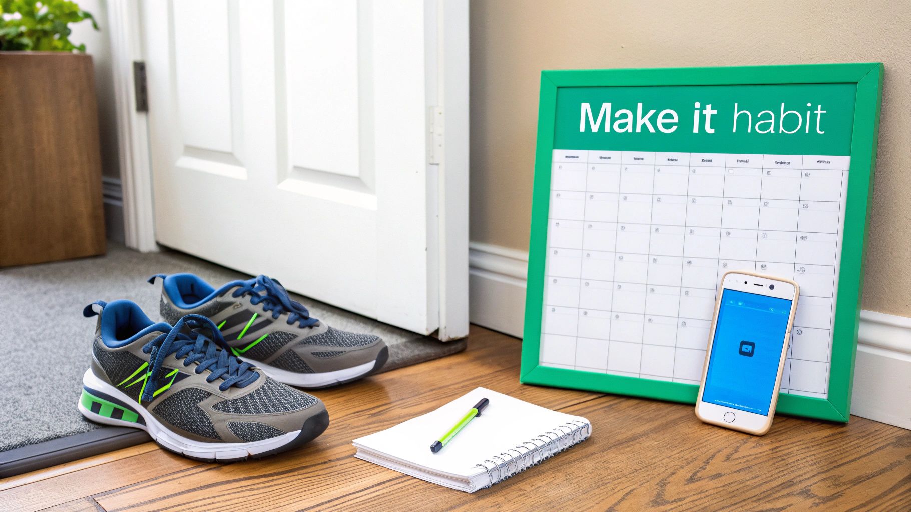 A person setting their running shoes by the door the night before a morning run.