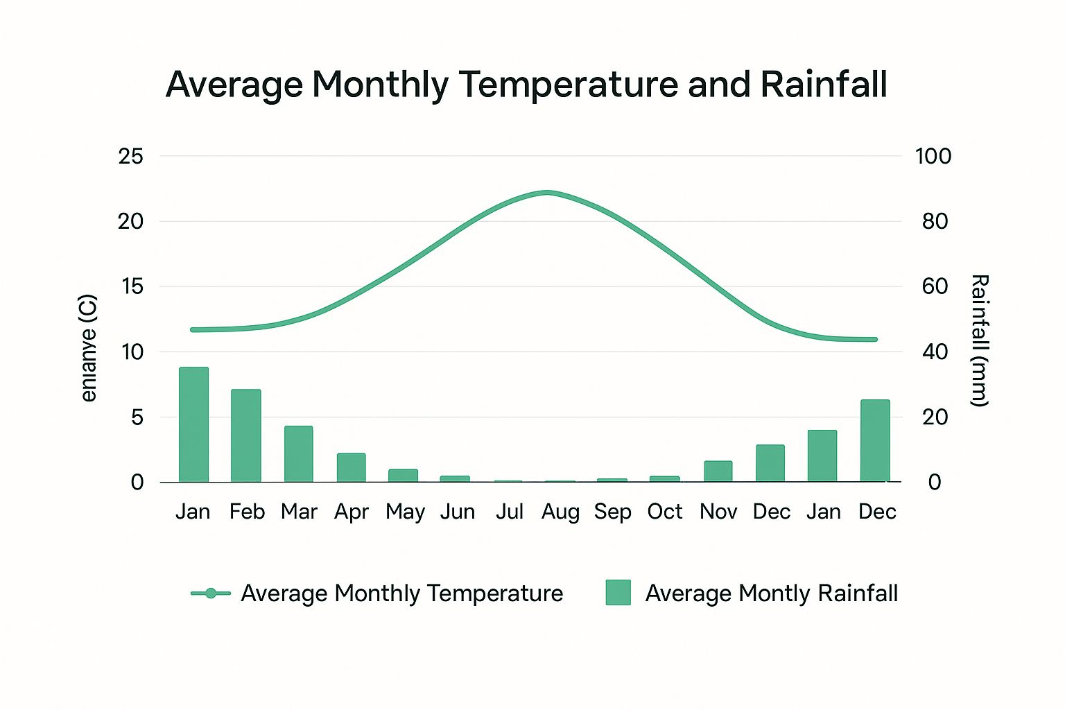 A graph showing the inverse relationship between temperature and rainfall in Cyprus, with high temperatures and low rainfall in summer months.