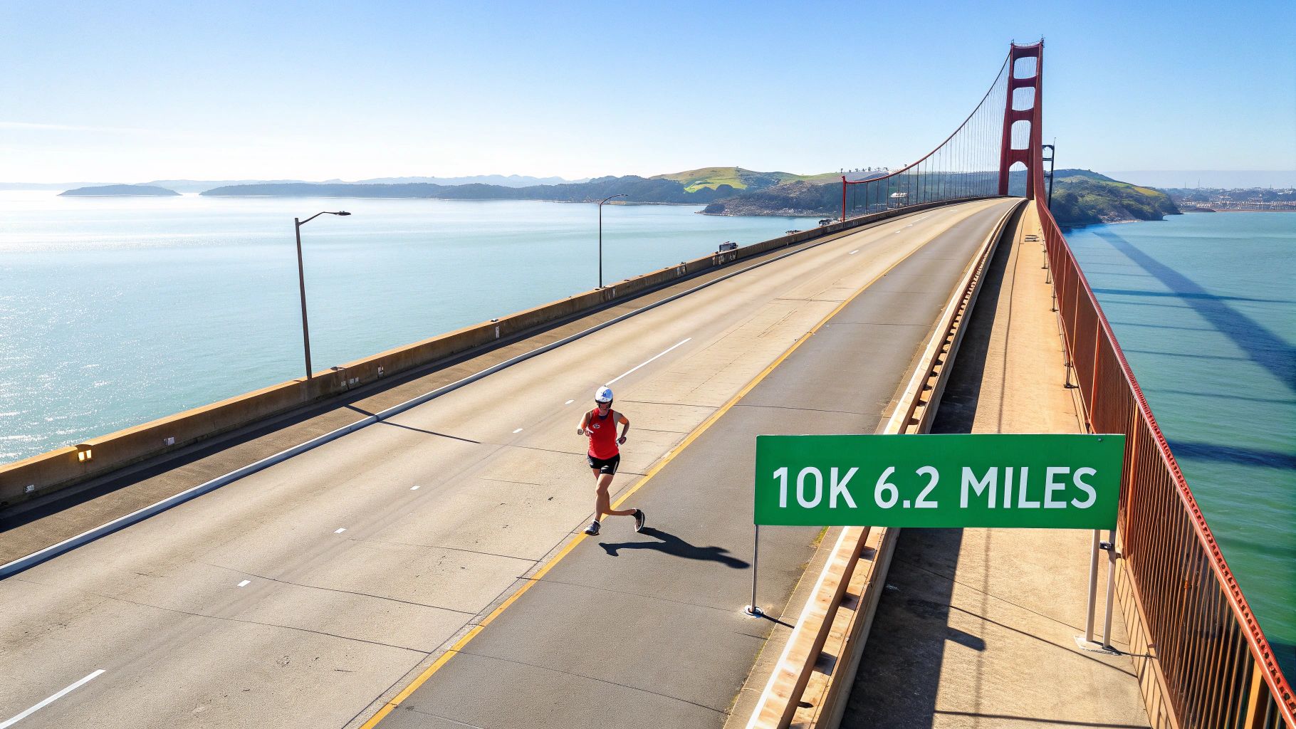 Group of diverse runners participating in a 10K race with a cityscape in the background