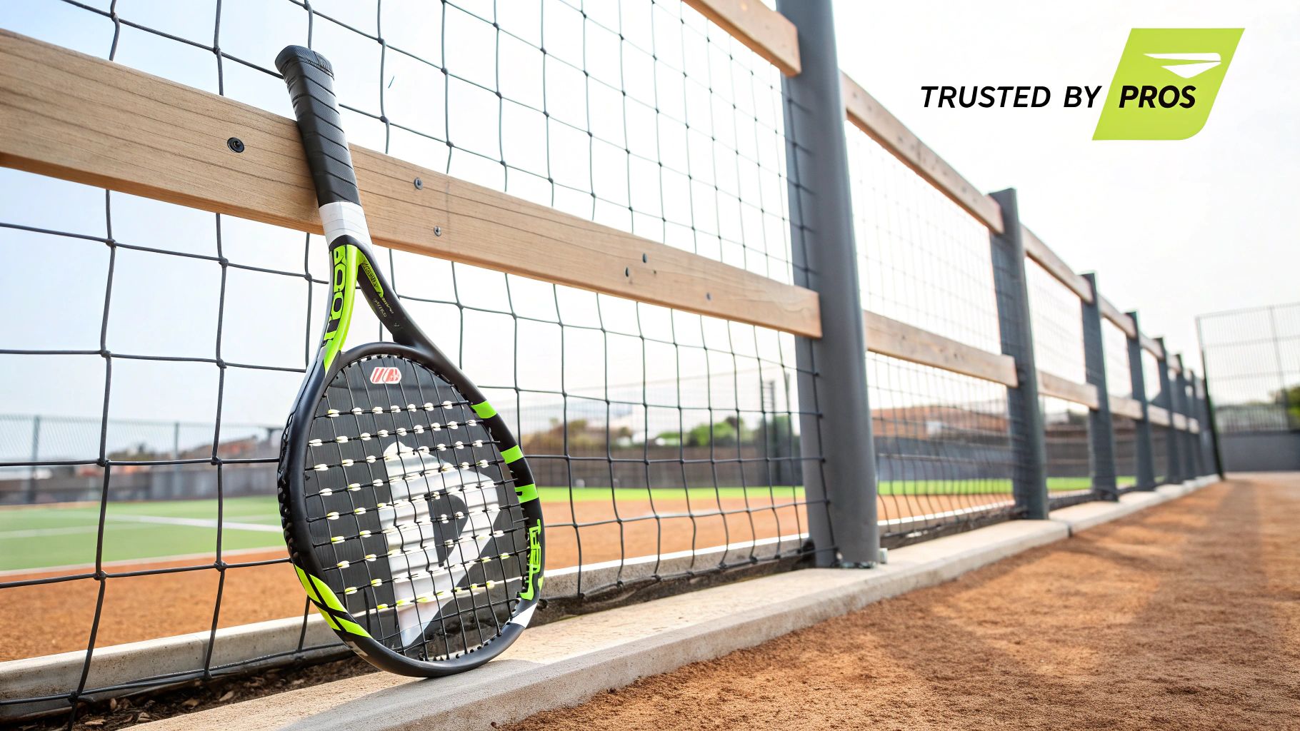 A Babolat padel racket leaning against a court wall.