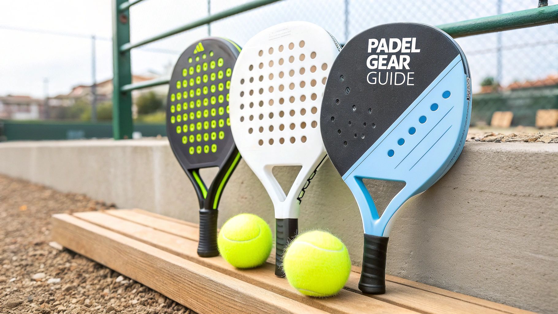 A close-up of a paddle tennis racket and ball resting on the blue court surface.