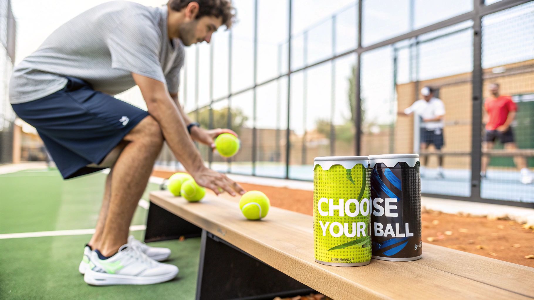 Padel player holding a racket and ball on the court