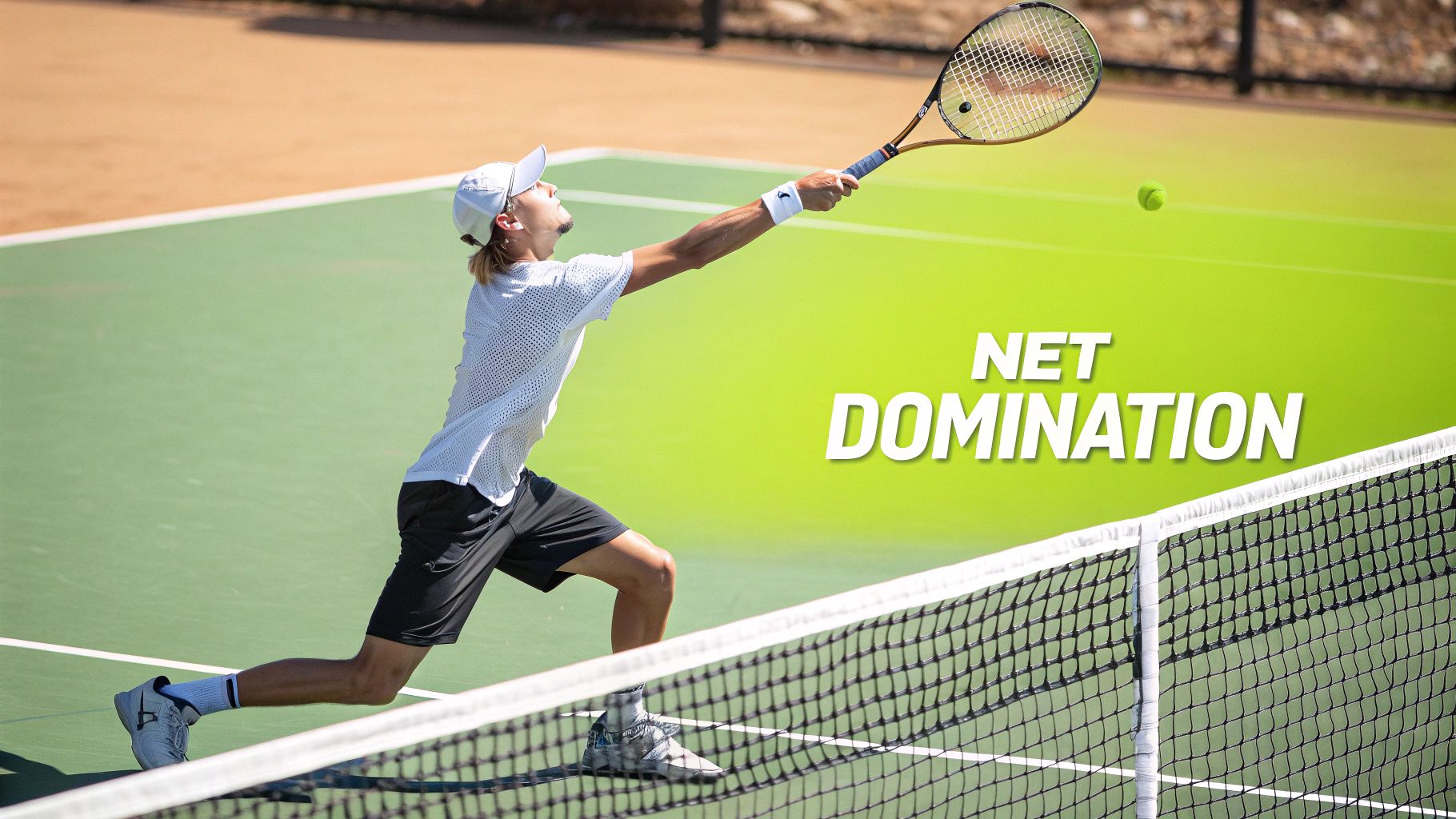 A tennis player executing a sharp volley at the net during a match.