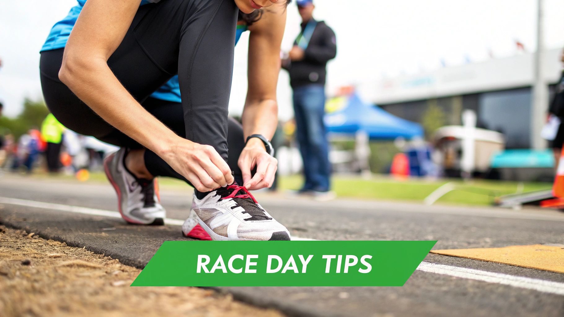 Group of runners pinning on their race numbers before a 10K event.