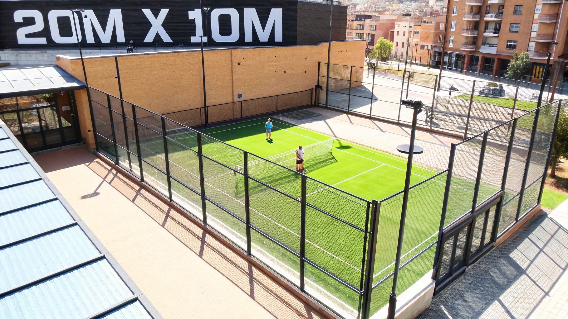 A top-down view of a blue padel court showing its rectangular shape and markings.