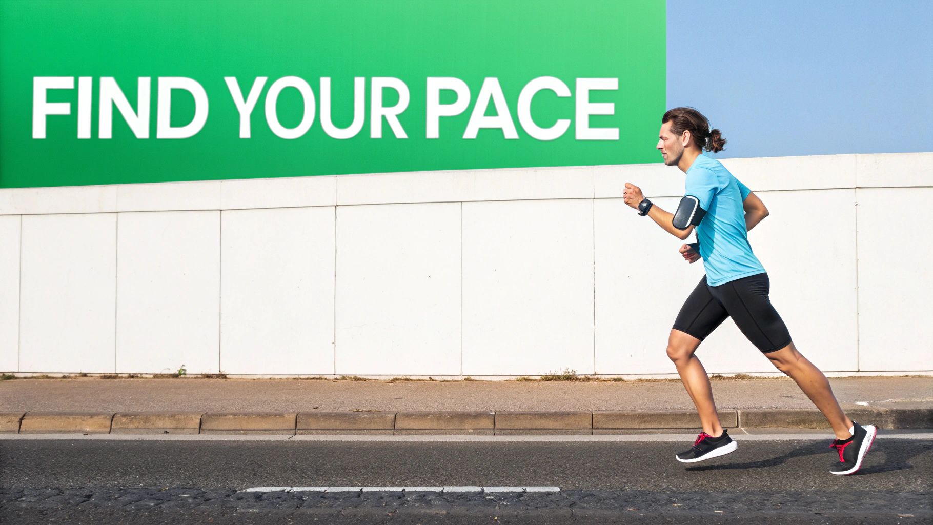 A runner checking their watch for pacing during a sunny outdoor run.