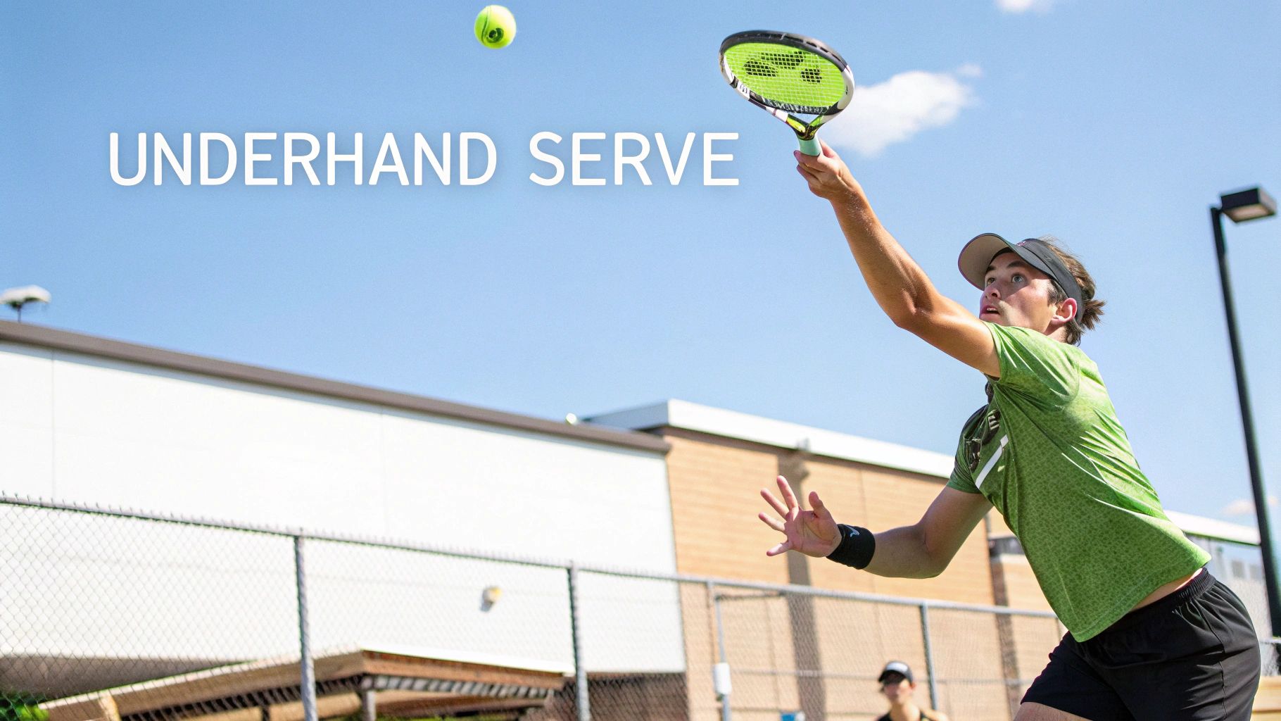 A person in athletic gear serves a paddle ball on a court.