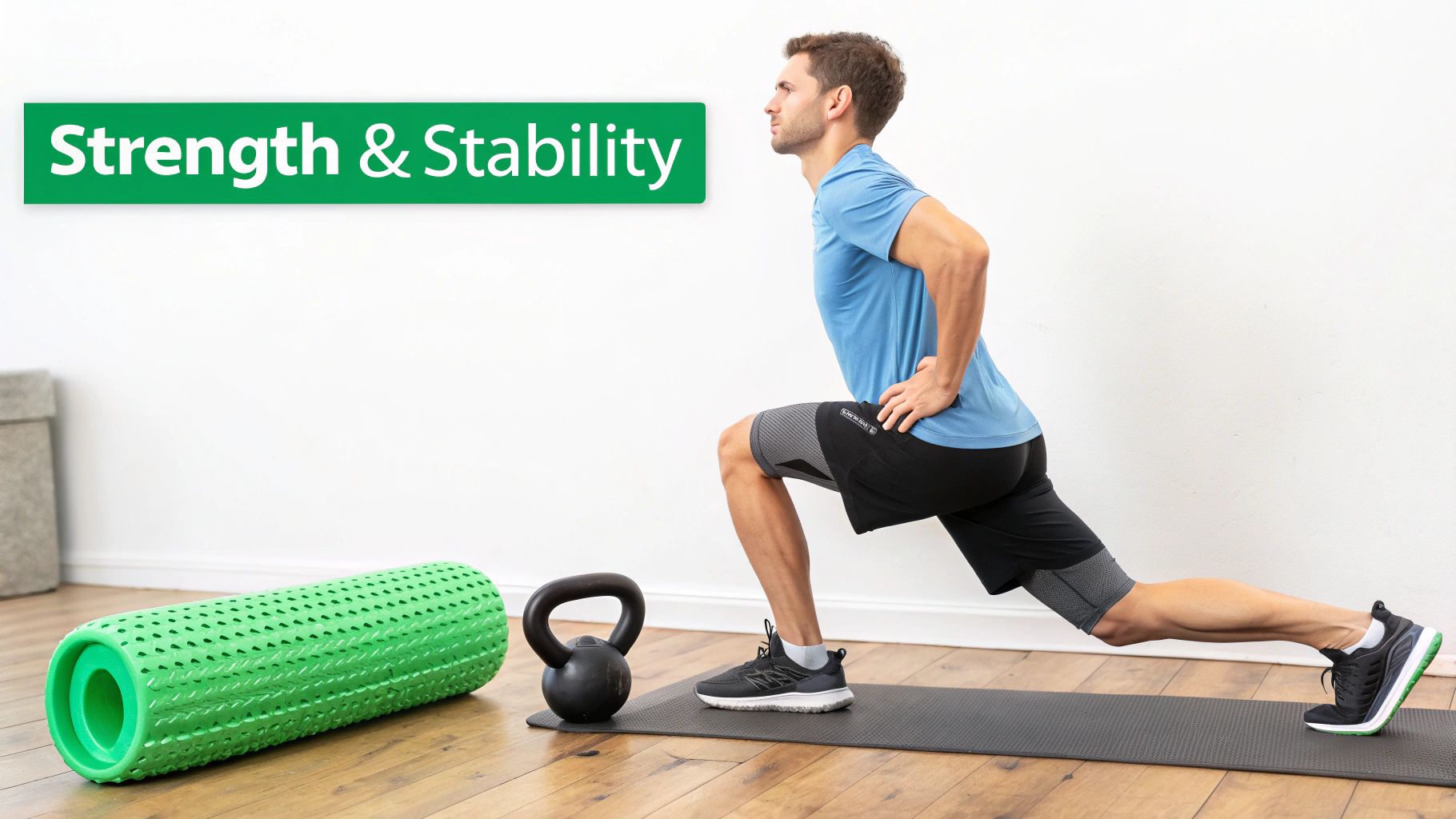 A woman foam rolling her leg on a yoga mat.