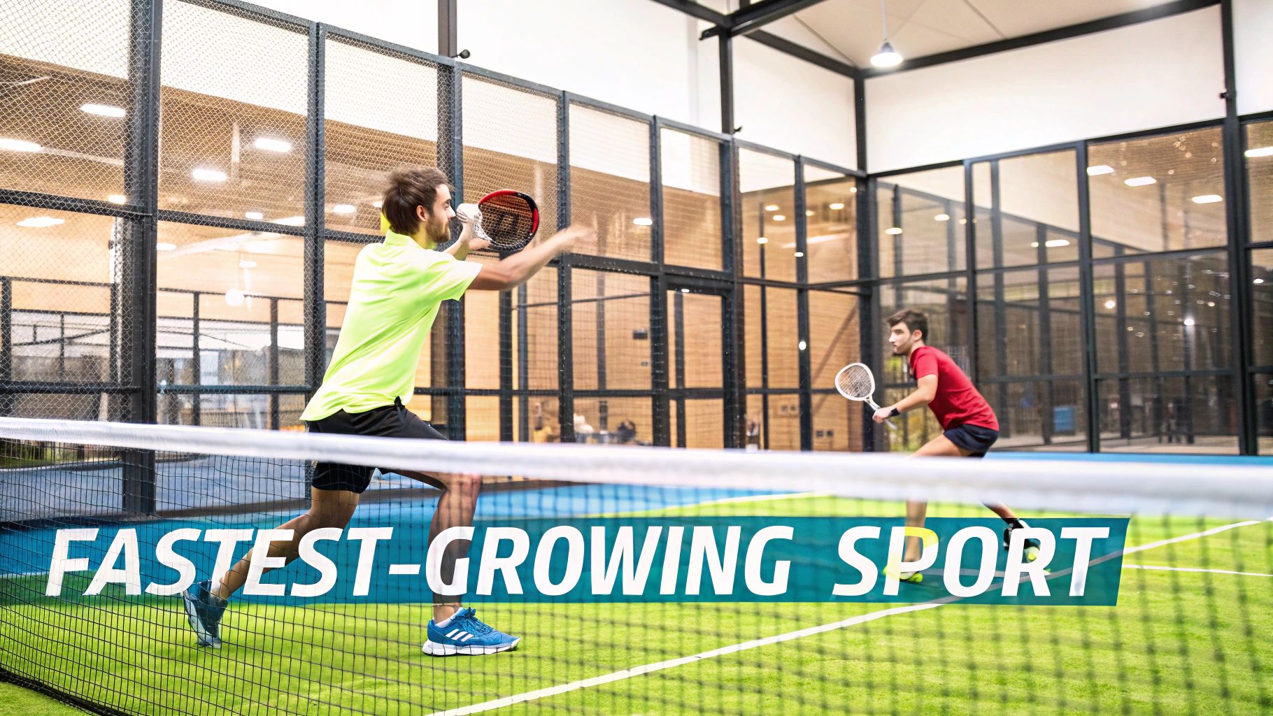 Four padel players on a court, laughing and preparing to play.