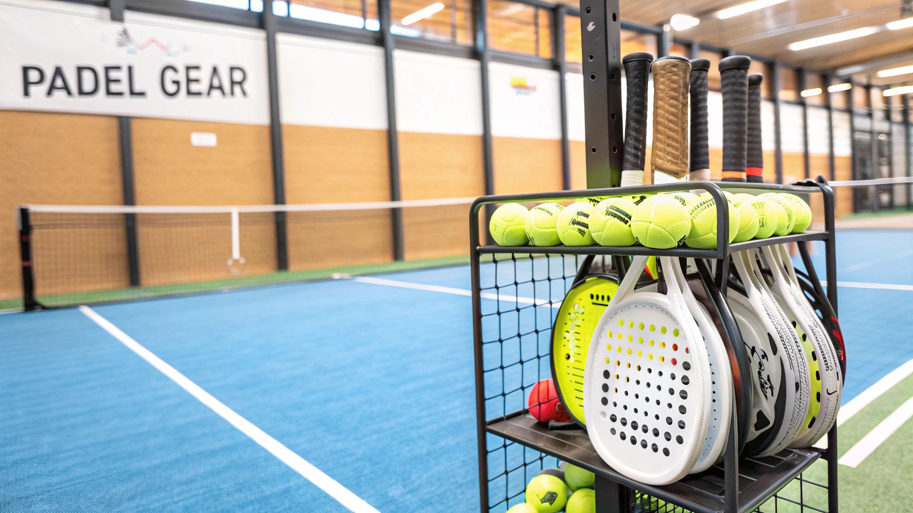 A modern, well-lit indoor padel court with two players in mid-game.