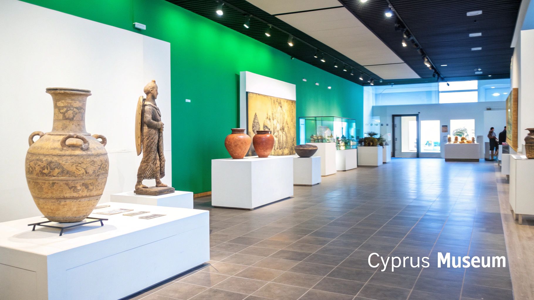A collection of ancient Cypriot terracotta figurines arranged in a semi-circle at the Cyprus Museum