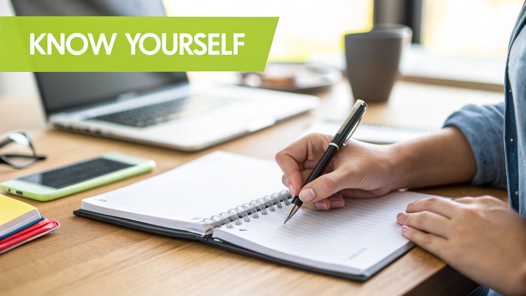 A person sitting calmly and writing in a journal, reflecting on their thoughts.