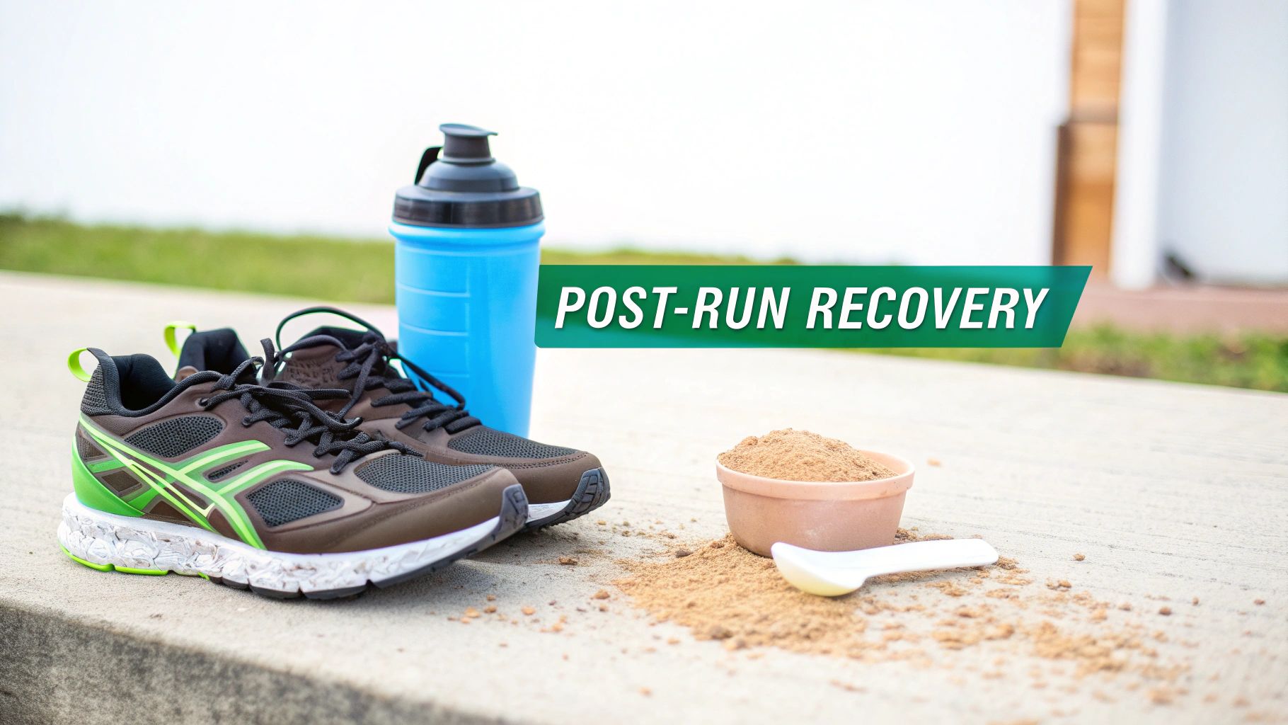 Runner preparing a protein shake in a modern kitchen, with fresh fruits and protein powder containers in the background.
