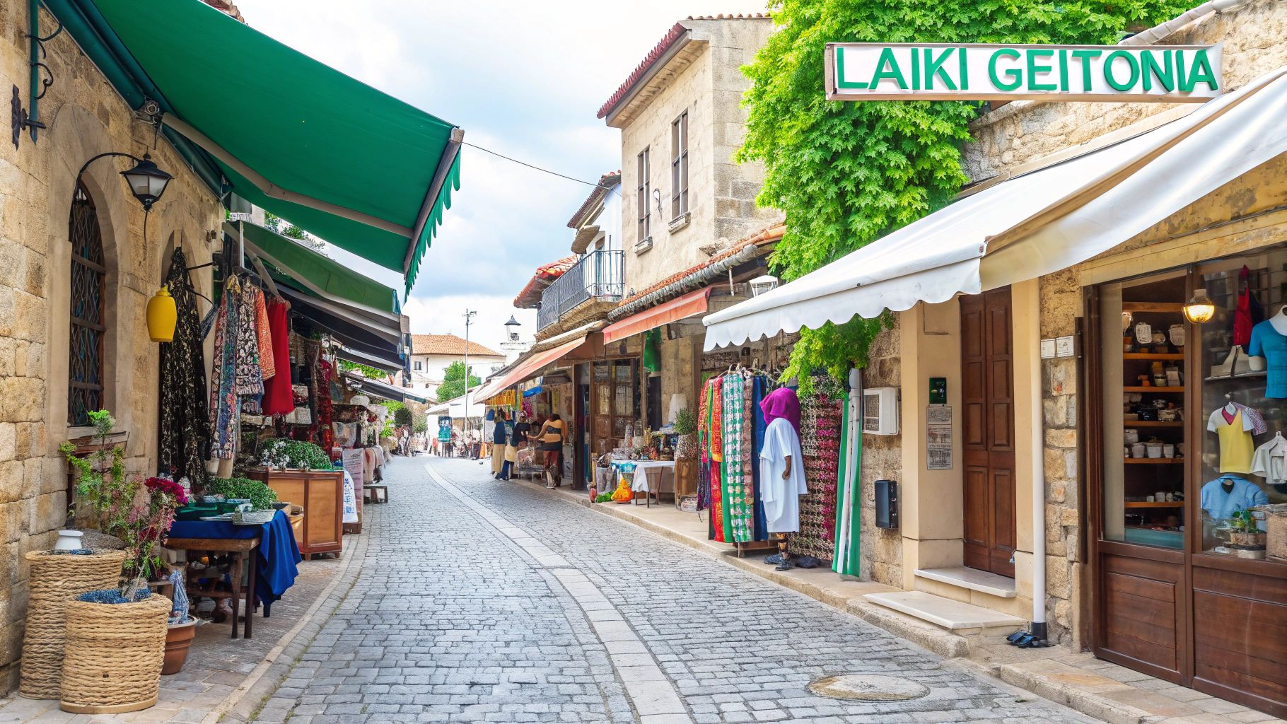 A narrow cobblestone street in the charming Laiki Geitonia neighbourhood of Nicosia, Cyprus