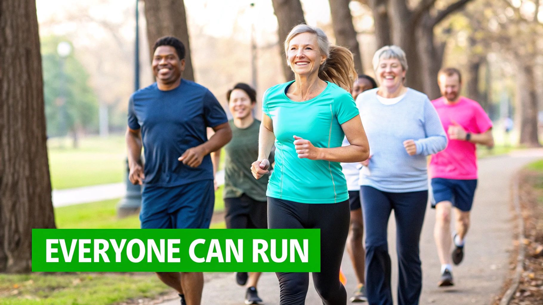 A diverse group of friends smiling and jogging together in a park.