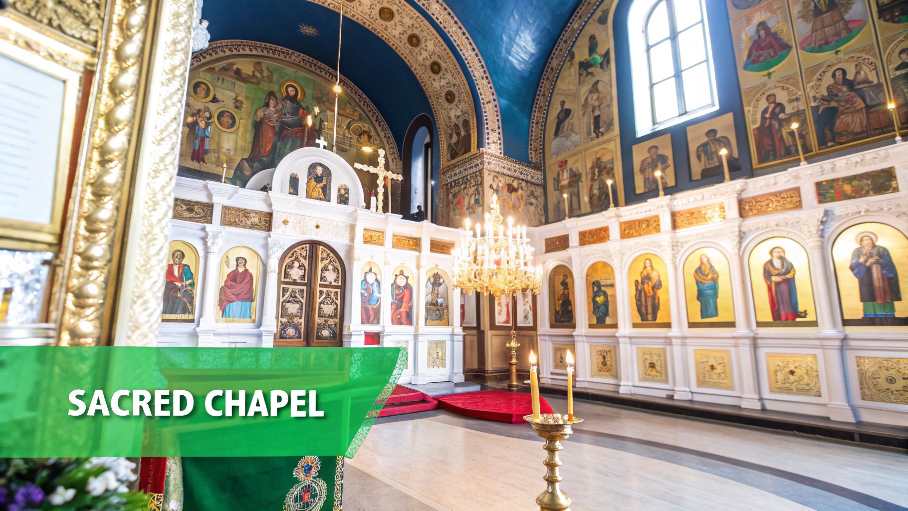 Interior of the Holy Monastery of St Nicholas of the Cats, showing religious icons and stone walls