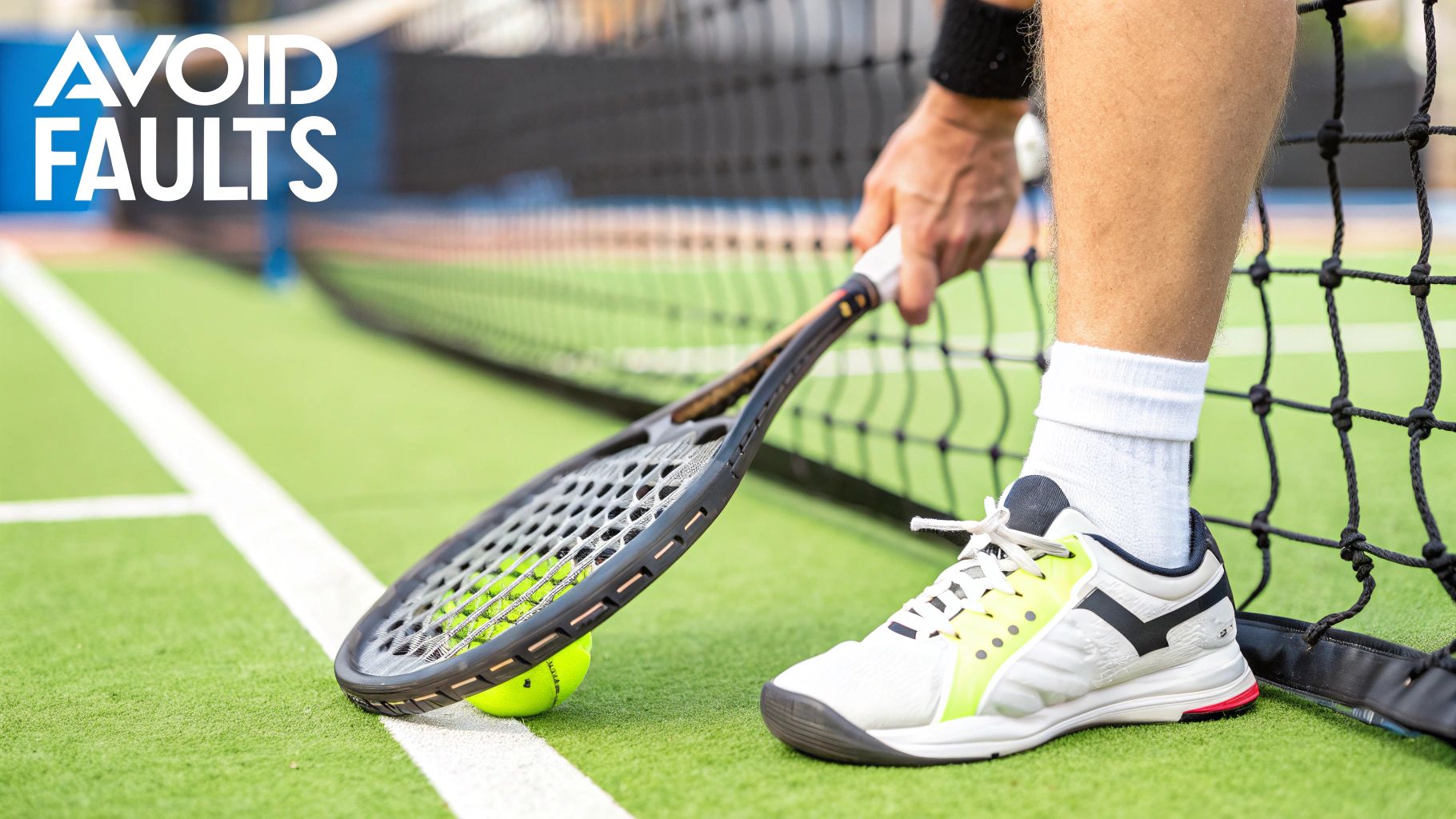 Players in a padel match with one player about to hit a low ball near the net.
