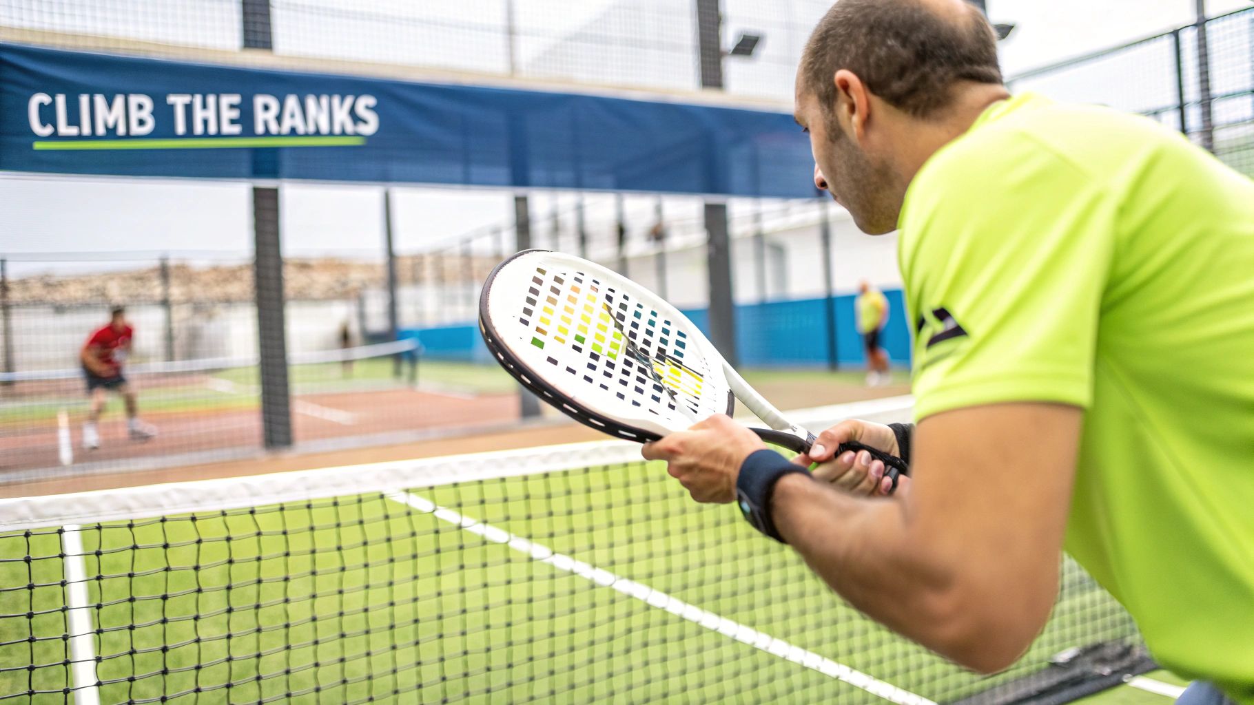 A padel player concentrates intensely during a high-stakes match
