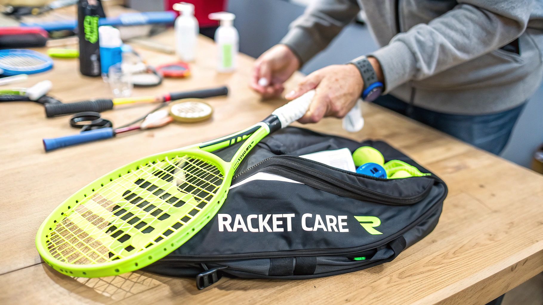 A person carefully placing their Head padel racket into a protective bag.