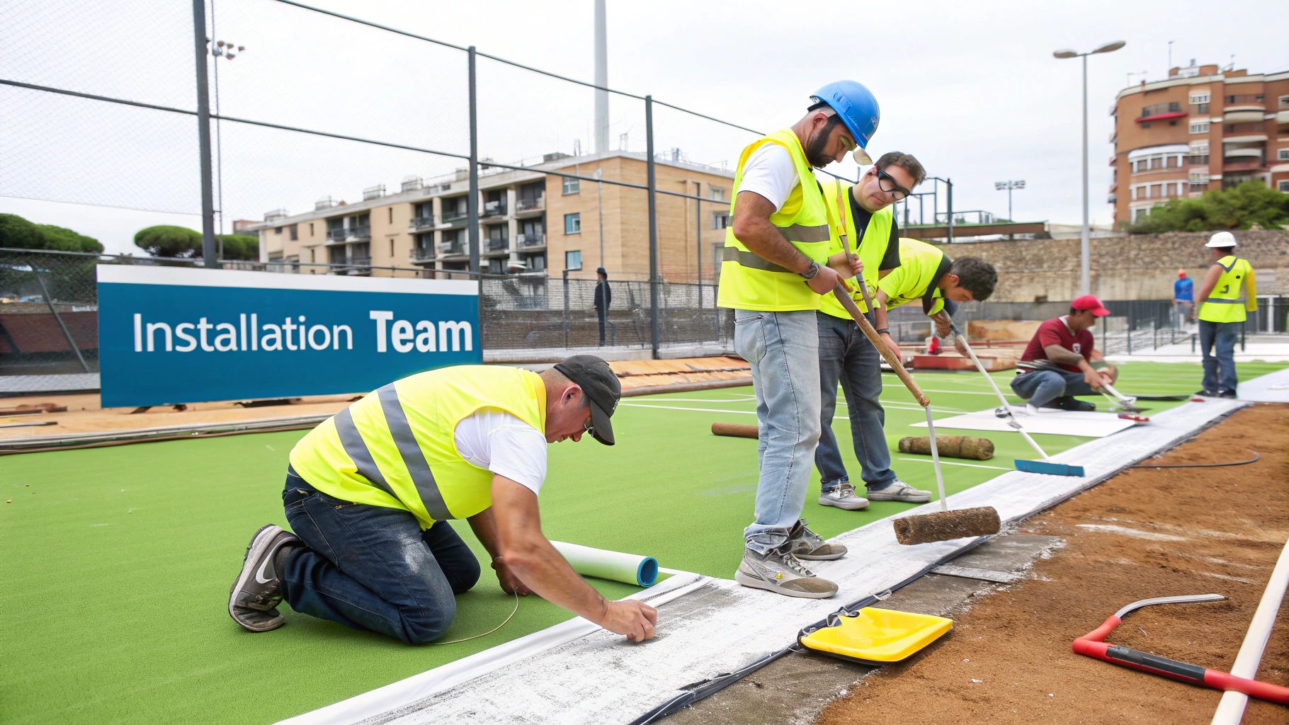 Construction workers reviewing blueprints for a new padel court project