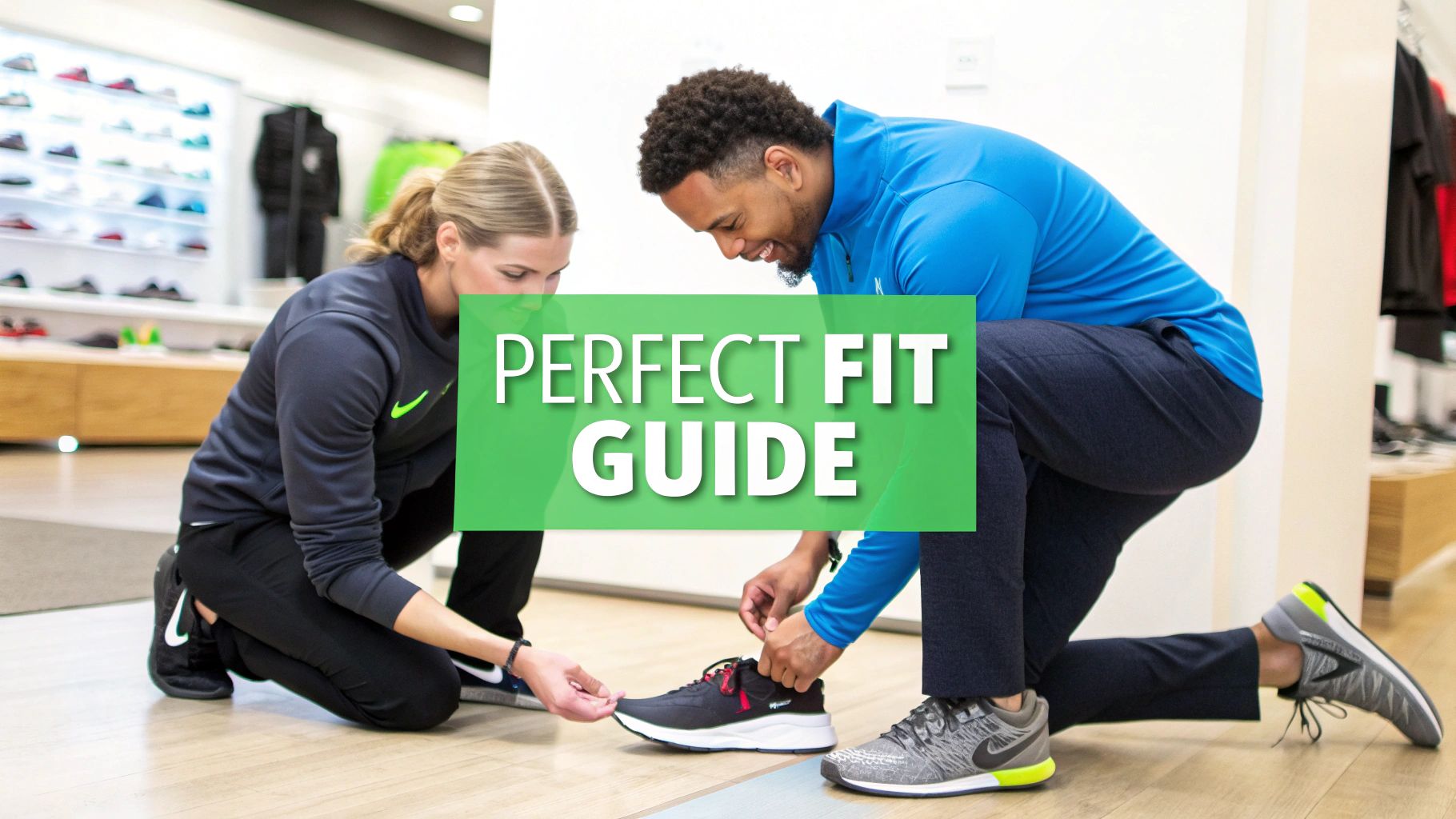 A person's feet being measured for running shoes in a specialty store.