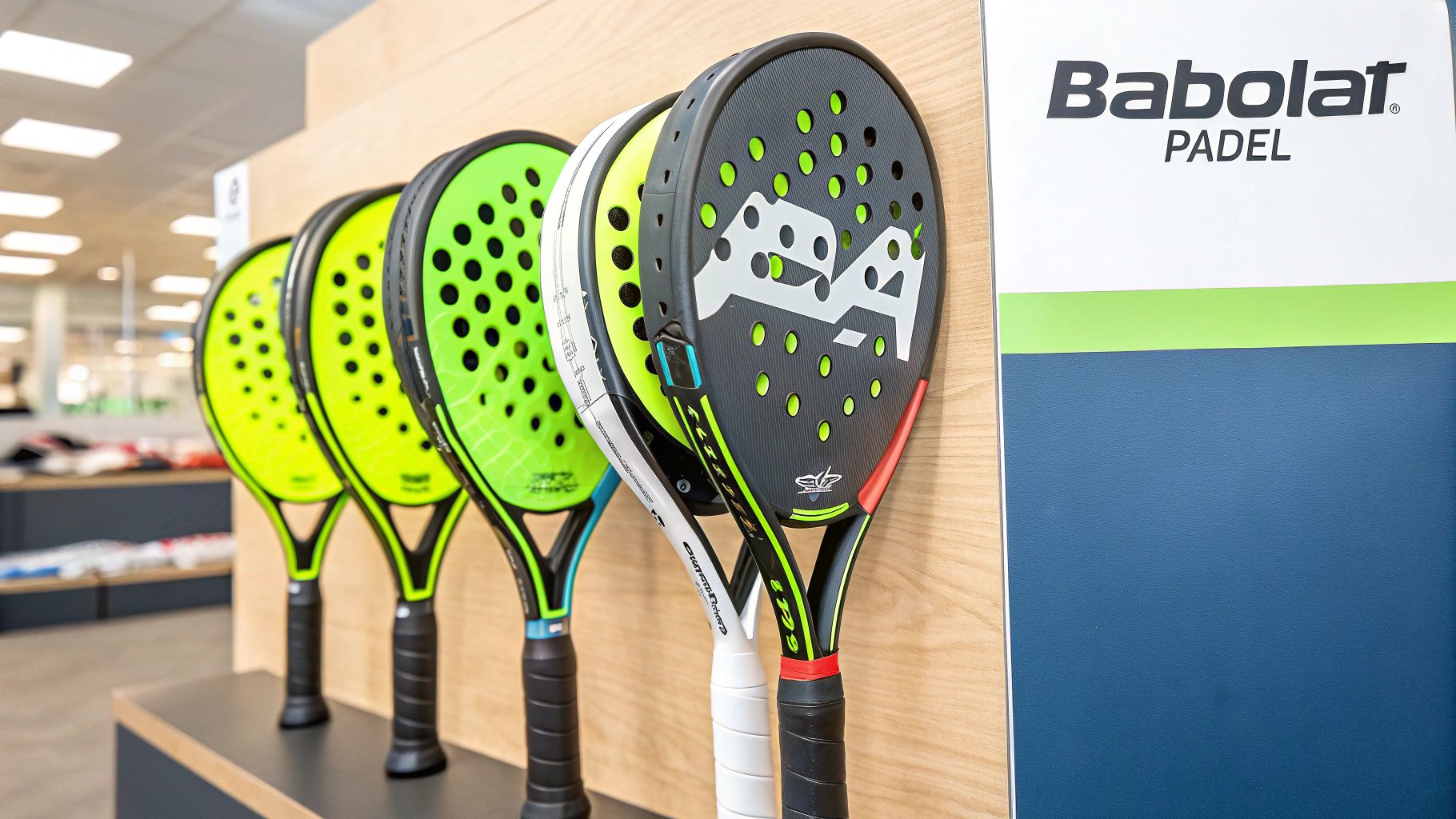 A Babolat padel racket leaning against a court wall, symbolizing its readiness for play.
