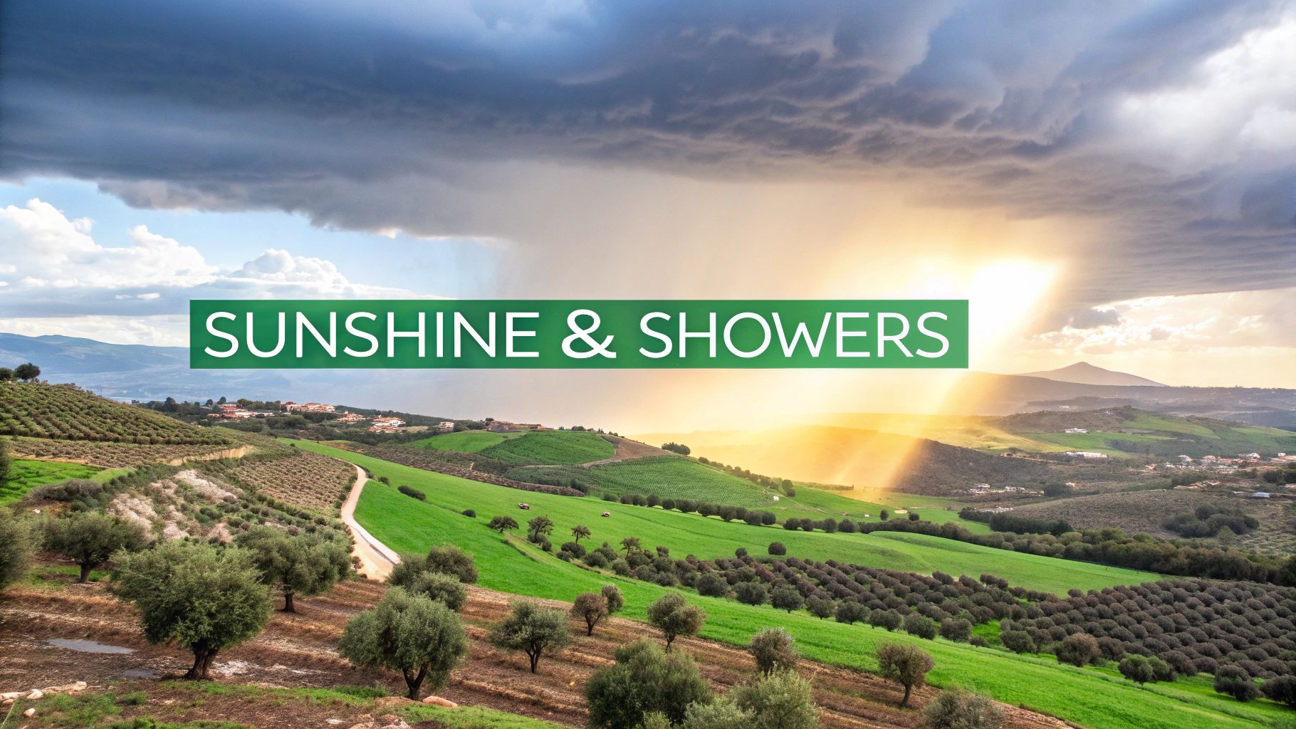 A sunbeam breaks through dramatic clouds over a green Cypriot landscape